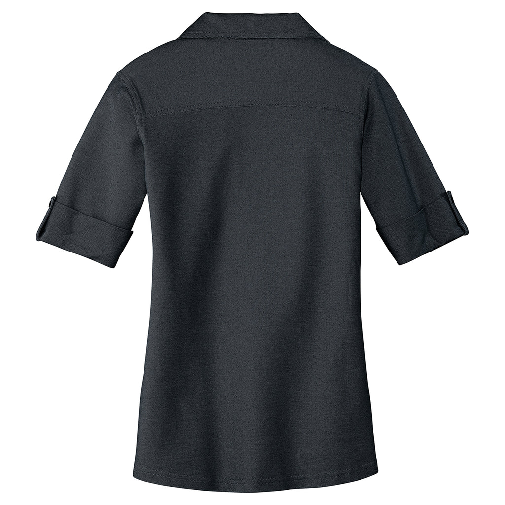 Port Authority Women's Black/Monument Grey Oxford Pique Double Pocket Polo