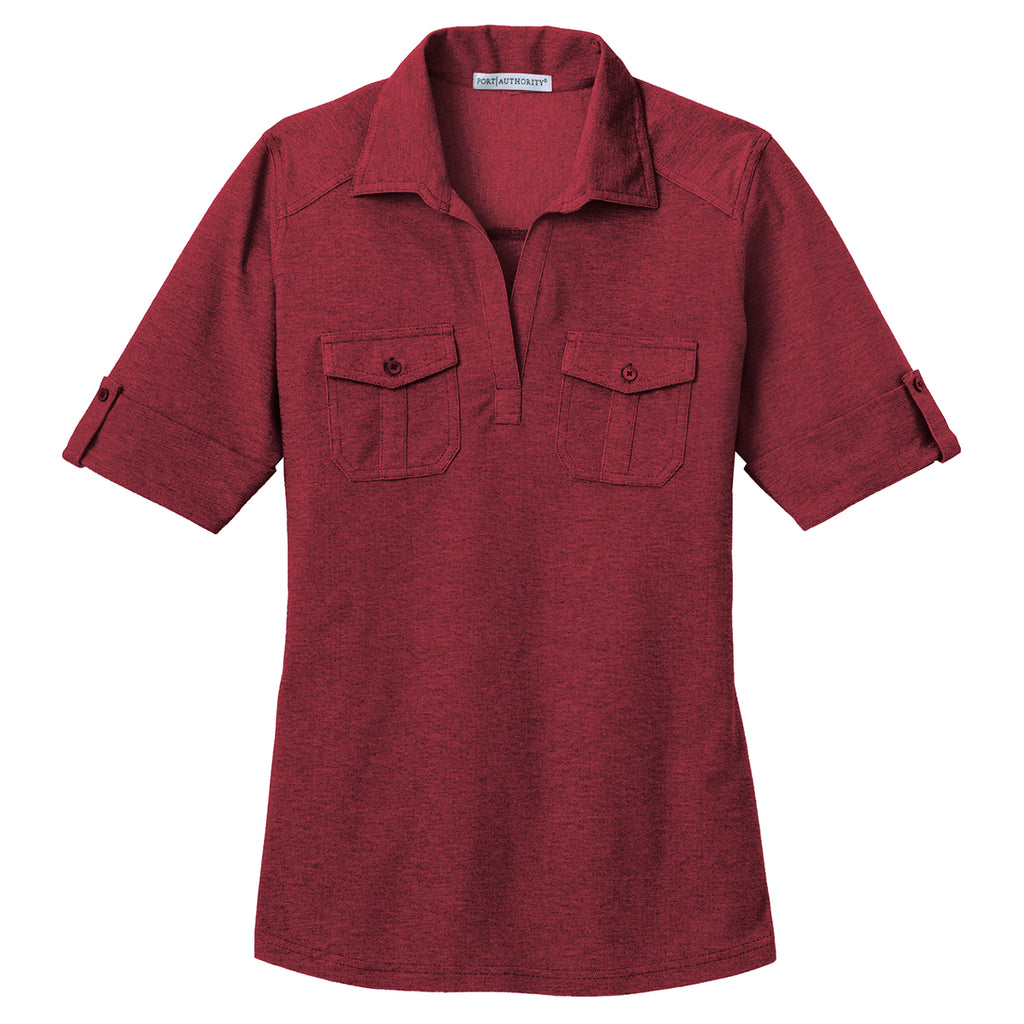 Port Authority Women's Red/Mulberry Oxford Pique Double Pocket Polo