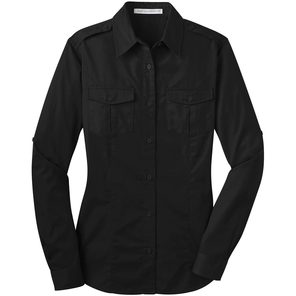 Port Authority Women's Black Stain Resistant Roll Sleeve Twill Shirt