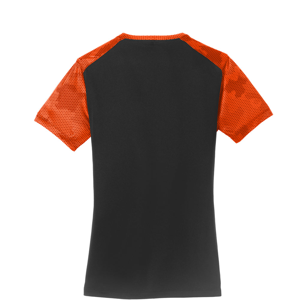 Sport-Tek Women's Black/Neon Orange CamoHex Colorblock V-Neck Tee