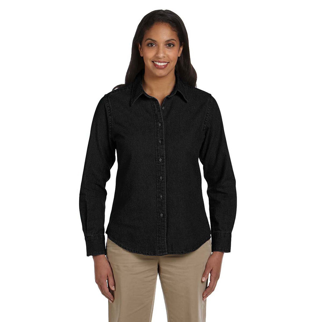 Harriton Women's Washed Black 6.5 oz. Long-Sleeve Denim Shirt