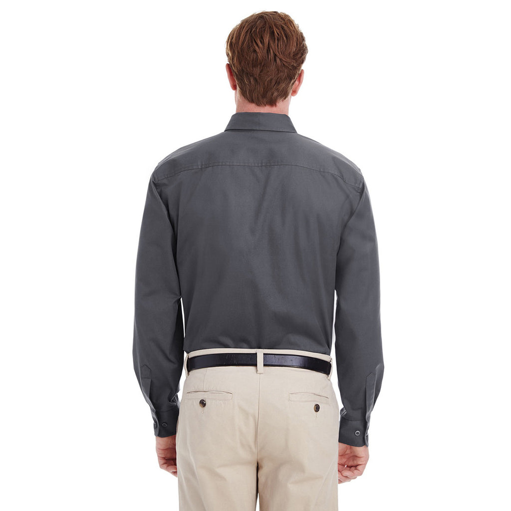 Harriton Men's Dark Charcoal Foundation 100% Cotton Long-Sleeve Twill Shirt with Teflon