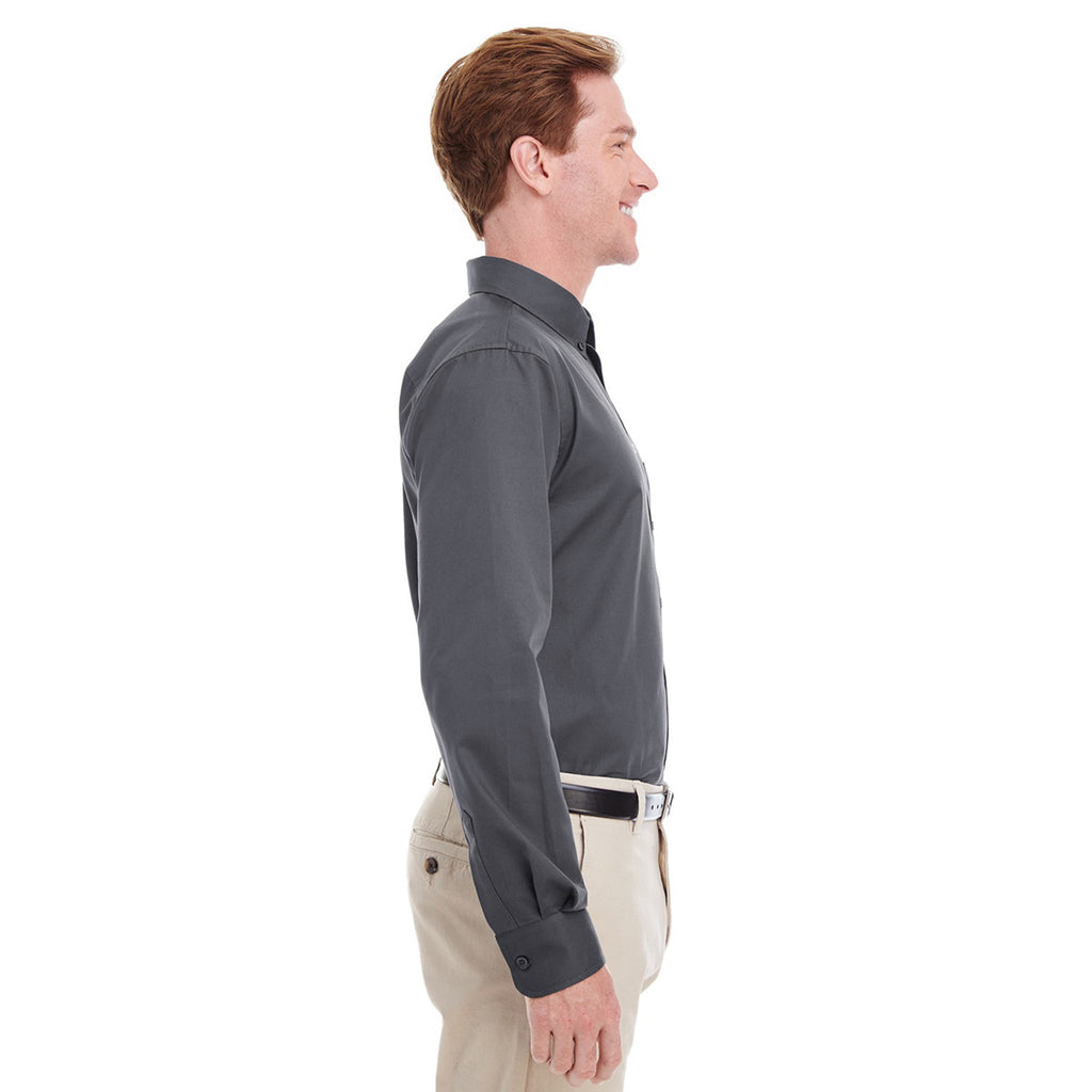 Harriton Men's Dark Charcoal Foundation 100% Cotton Long-Sleeve Twill Shirt with Teflon