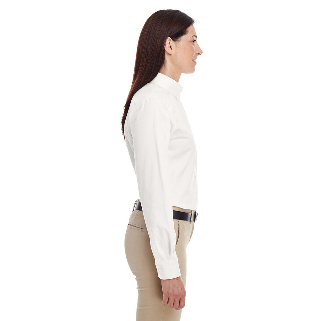 Harriton Women's White Foundation 100% Cotton Long-Sleeve Twill Shirt with Teflon