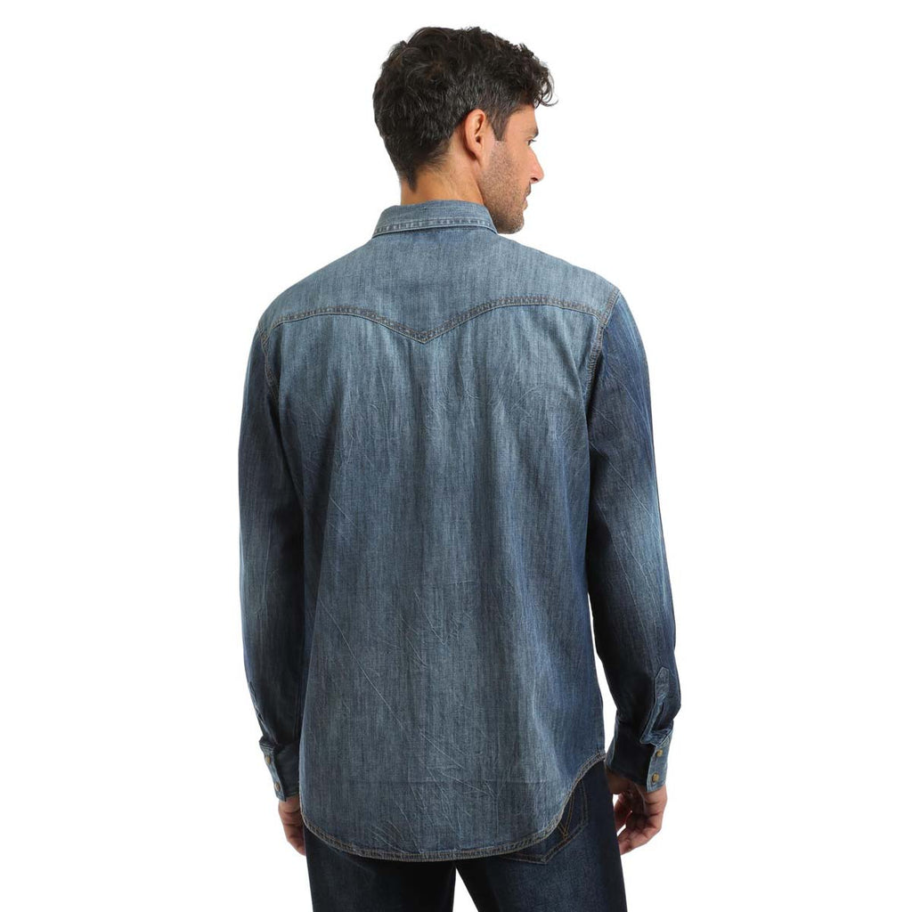 Wrangler Men's Blue Denim Retro Long Sleeve Western Shirt