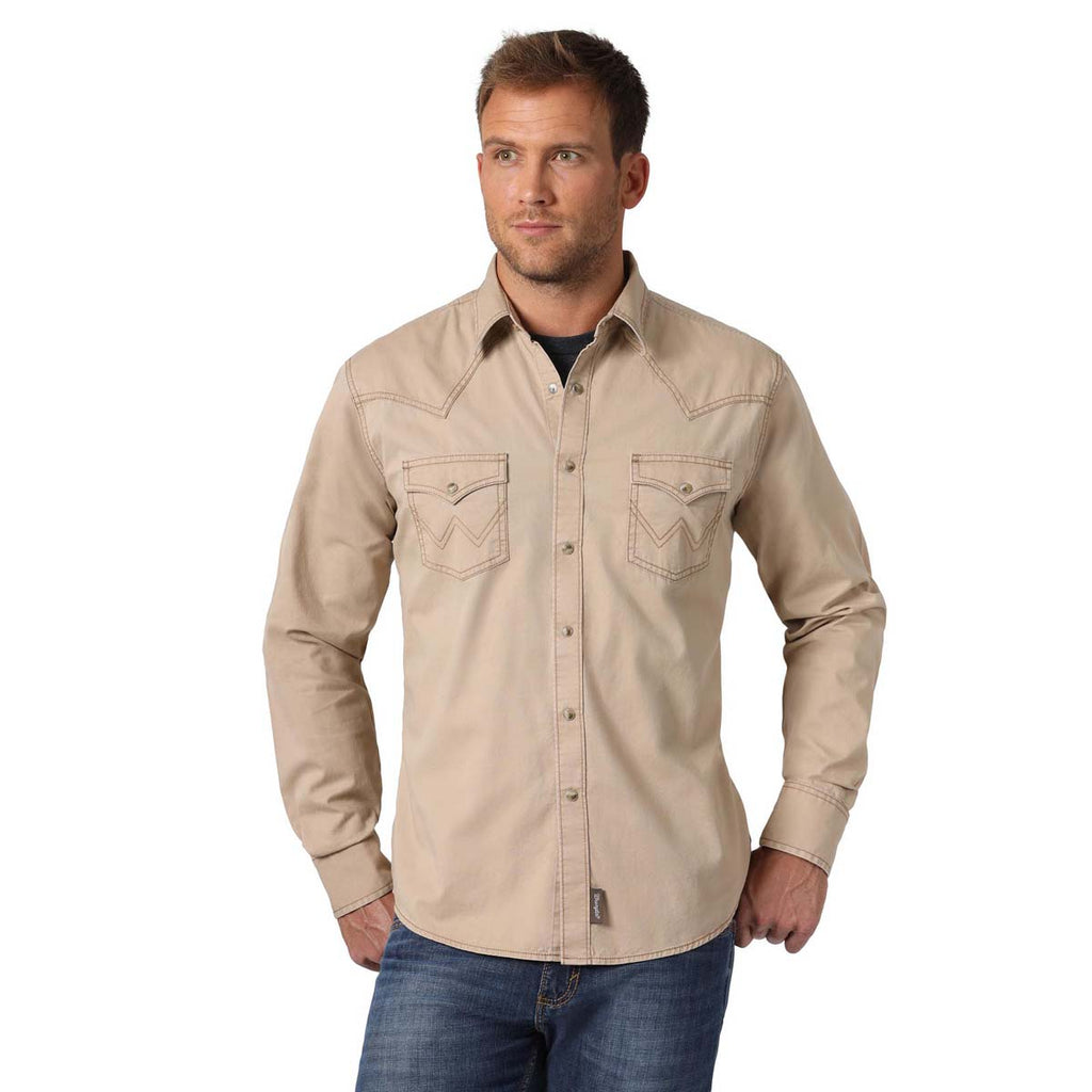 Wrangler Men's Tan Contrast Trim Western Two Snap Flap Pocket Shirt