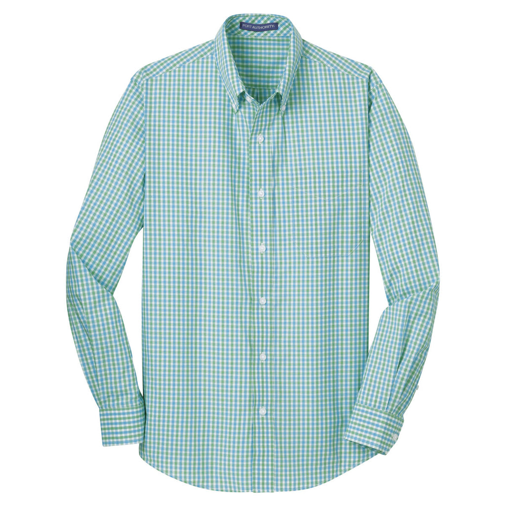 Port Authority Men's Green/Aqua Long Sleeve Gingham Easy Care Shirt