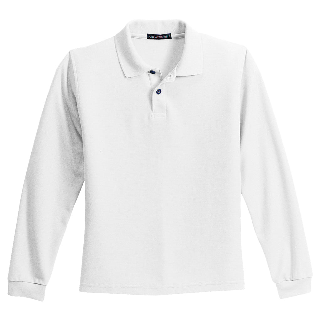 Port Authority Youth White Long Sleeve Silk Touch Polo