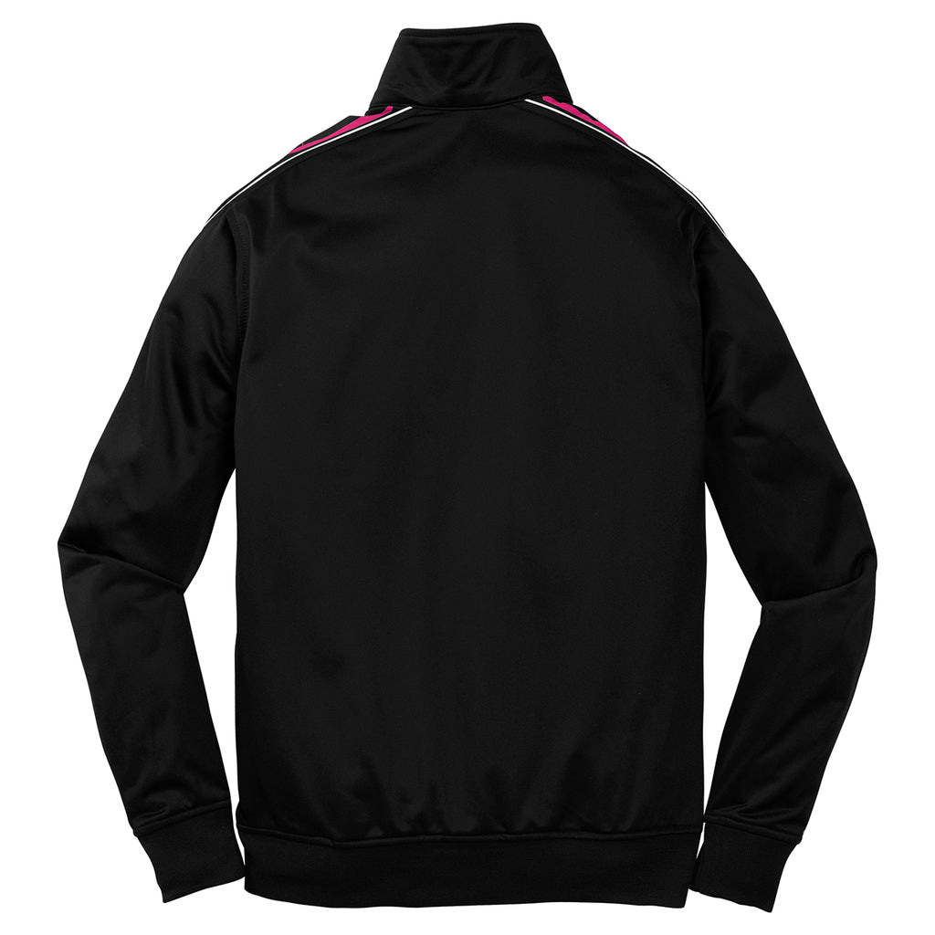 Sport-Tek Youth Black/ Pink Raspberry Dot Sublimation Tricot Track Jacket